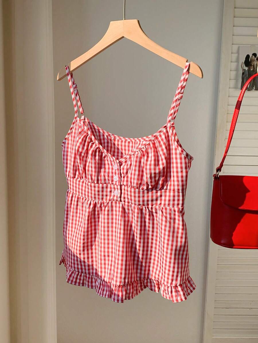 Comfortcana 女士格纹印花细肩带纽扣前部休闲衬衫，适合日常穿着