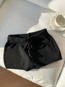 Comfortcana Women's Solid Color Front Tie Simple Casual Shorts In Fall/Winter - Black - View 4