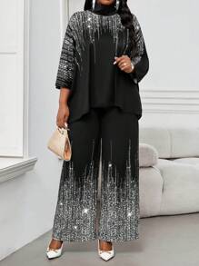 SHEIN Lady 2pcs/Set Plus Size Stand Collar Long Sleeve Printed Minimalist Top And Skirt Set - Silver - View 1