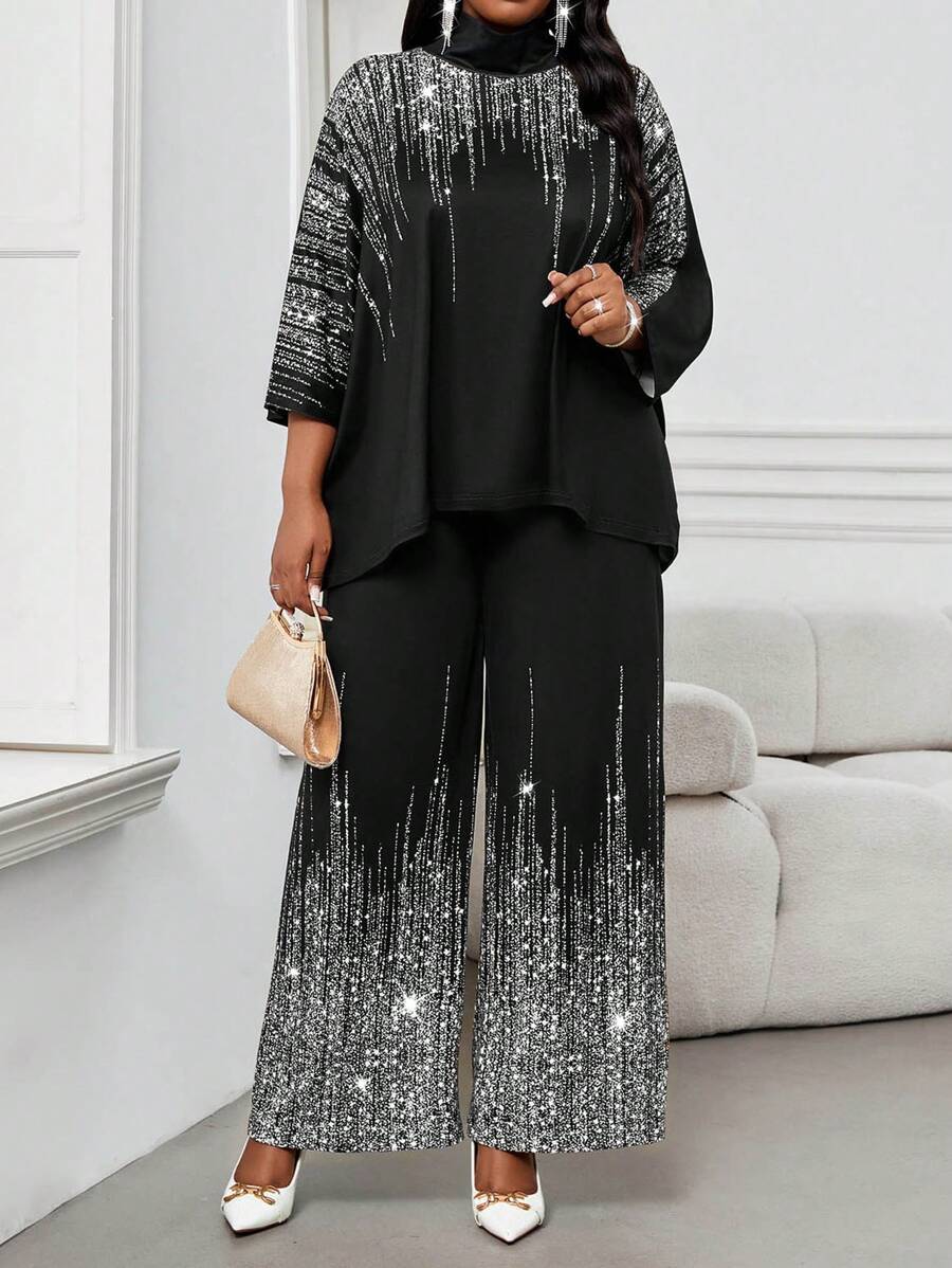 SHEIN Lady 2pcs/Set Plus Size Stand Collar Long Sleeve Printed Minimalist Top And Skirt Set - Silver - View 1