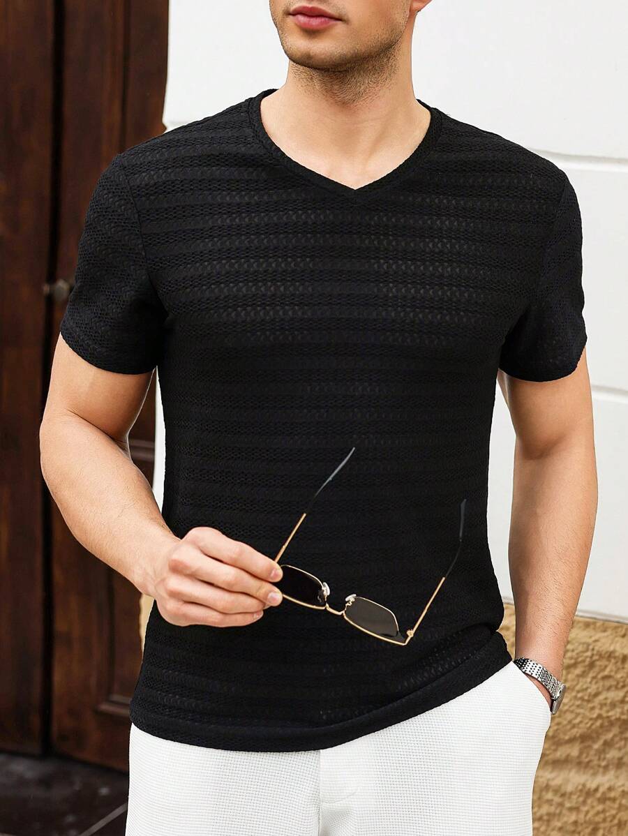Manfinity Homme Men's Solid Color Slim Fit Short Sleeve T-Shirt, Casual Everyday Wear - Black - View 1