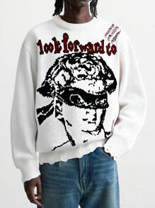 ROMWE MEN Street Life Herren Portrait Jacquard Strick Lässig Pullover, Langarm Rundhals - Aprikosenfarben - Übersicht 1