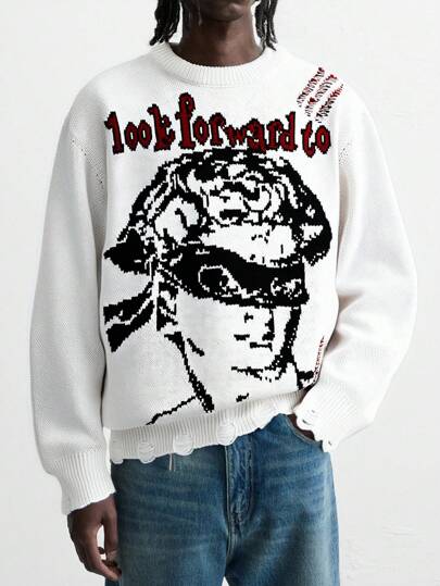 Street Life Men's Portrait Jacquard Knit Casual Sweater, Long Sleeve Crew Neck