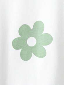 SHEIN Leap Crew Teen Girl Gray Green White,Flower Print,Round Neck Contrast Color Raglan Sleeves, Casual T-Shirt,Oversize - Mint Green - View 3
