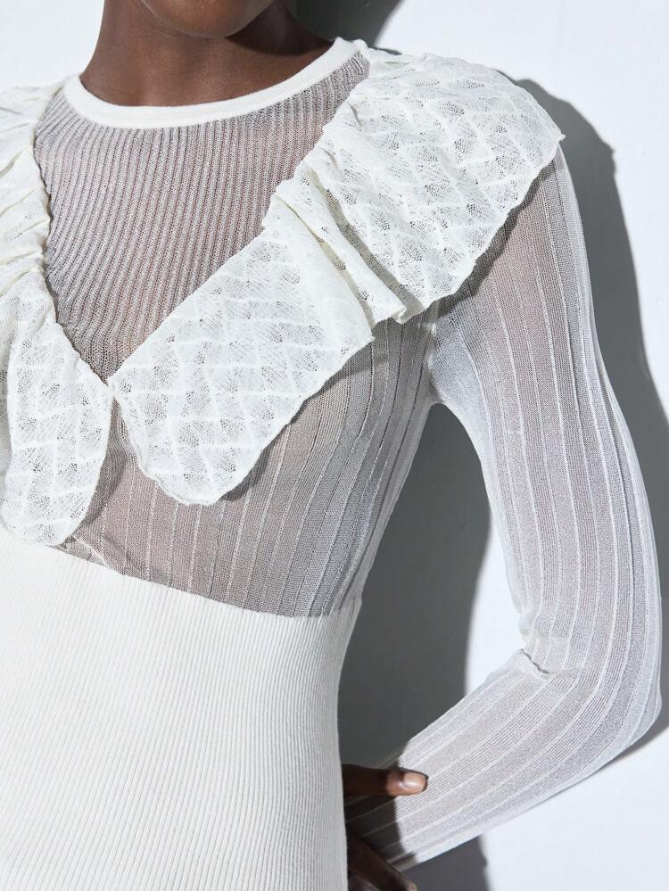 SHEIN Maija Pull en tricot ajusté à manches longues, col V à volants, en patchwork de tissu blanc, pour femmes, printemps/été