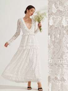 Aveloria Rosie 法式复古优雅高端蕾丝分层荷叶边V领长袖连衣裙，淑女唯美，情人节礼物 - 白色 - 查看 6
