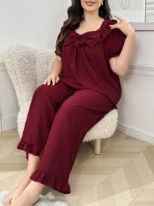Plus Size Loose Bowknot Decor Ruffle Trim Casual Top & Pants Pajama Set, Outfits - Red - View 5
