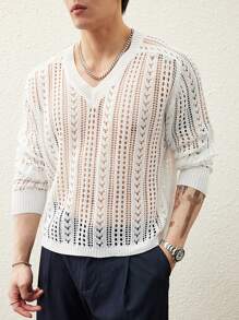 Manfinity CasualKnits Men's Solid Color Hollow V-Neck Long Sleeve Casual Sweater - Multicolor - View 1