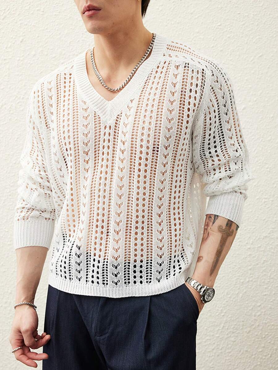 Manfinity CasualKnits Men's Solid Color Hollow V-Neck Long Sleeve Casual Sweater - Multicolor - View 1