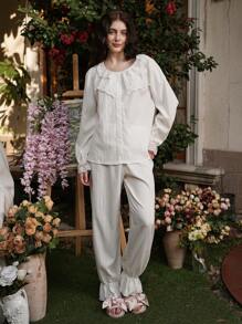 Elegant Romantic Lace Patchwork Long Sleeve Women's Pajama Set - White - View 5