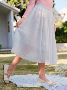 SHEIN Jupe longue plissée en mousseline pour préadolescentes, jupe blanche élégante et luxueuse pour fille, vêtements de princesse convenant à la saison des mariages, design mignon avec décorations florales/partielles, sans motifs traditionnels - Blanc - Voir 3