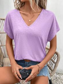 SHEIN Frenchy 女士 V 领短袖休闲衬衫 - 淡紫色 - 查看 5