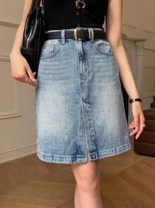 DAZY Women's Button Front Pocket Casual Denim Mini Skirt, Everyday Wear Jeans Skirt - Medium Wash - View 3