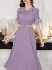 Modelyn 优雅奢华珍珠刺绣拼布女式连衣裙，青春洋溢