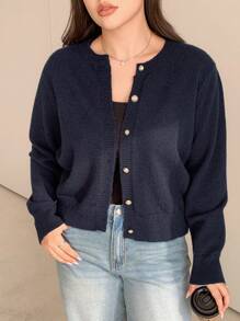 Dazy Petite Plus Solid Color Crew Neck Sweater Fitted Cardigan Jacket In Navy, Spring/Summer/Autumn
