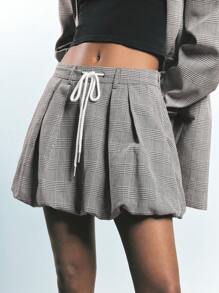 Maija Falda plisada con cintura anudada a cuadros gris, tipo línea A, con bolsillos laterales, casual y versátil para primavera, verano y otoño