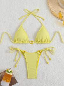 Swim SXY Damen Sommer Badeanzug Set mit einfarbigem Halsknoten, strukturiertem Gewebe, rundem Ring, sexy Bikini