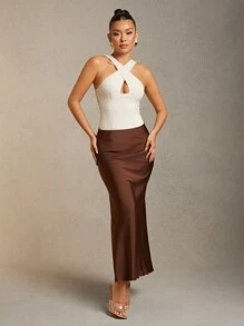 L'Amorae Keyhole Halter Sleeveless Lace Bodysuit - Apricot - View 2