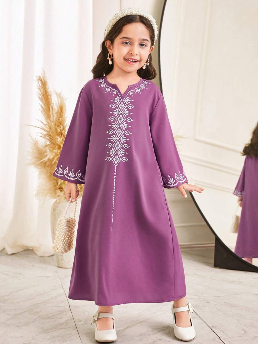 SHEIN Young Girl Retro Pattern Long Dress - Purple - View 1
