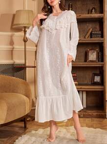 PalaceNights 女士宽松双层蕾丝V领刺绣长袖长睡袍宫廷风 - 白色 - 查看 6