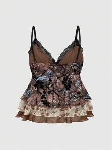 ROMWE Hippie Plus Size Women's Asymmetrical Hem Multi-Layer Tank Top With Vintage Floral Flocked Pattern - Multicolor - View 2