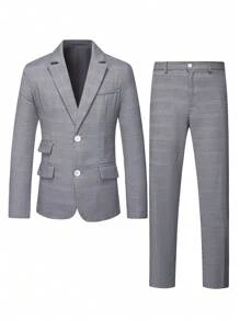 Manfinity Mode Men's Plaid Lapel Neck Long Sleeve Jacket And Pants Suit Set,Boyfriend Gifts - Grey - View 4