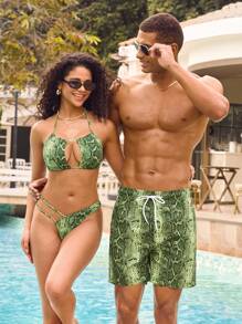 Manfinity VDAYZ 男士休闲简约沙滩短裤情侣款男友款泳裤，夏威夷风 - 綠色 - 查看 3