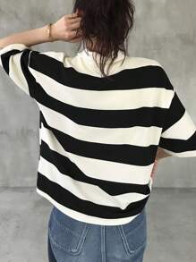 FRIFUL Women Loose Stripe T-Shirt With Polo Collar And Mid-Length Sleeve, Casual Summer Wear Oversized T-Shirt