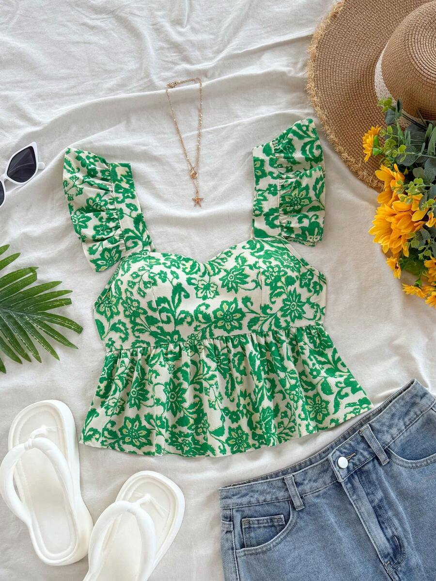 Soleia Women's All-Over Print Casual Vacation Green And White Cap Sleeve Blouse Spring Top