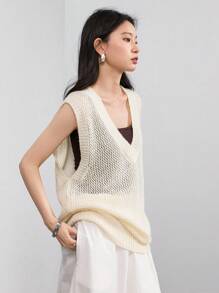 Dazy-Less Women's Casual Loose V-Neck Pullover Knitted Sweater Vest Business Casual Women - Beige - View 6