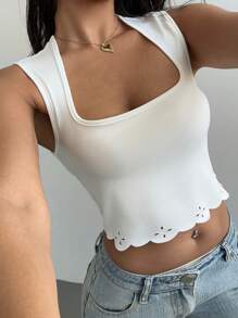 SHEIN Essnce Women's Sleeveless Asymmetrical Hem Floral Lace Square Neck Tank Top, Spring/Summer - White - View 7