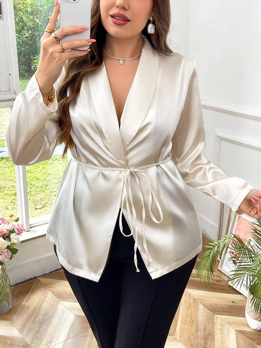 SHEIN Privé 大码女式优雅杏色法式环绕式系带领长袖衬衫，适合通勤，秋季 - 杏色 - 查看 1