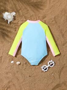 Traje de baño de una pieza de manga larga, ajustado, con cremallera frontal y unicolor para bebé niña - Multicolor - Ver 7