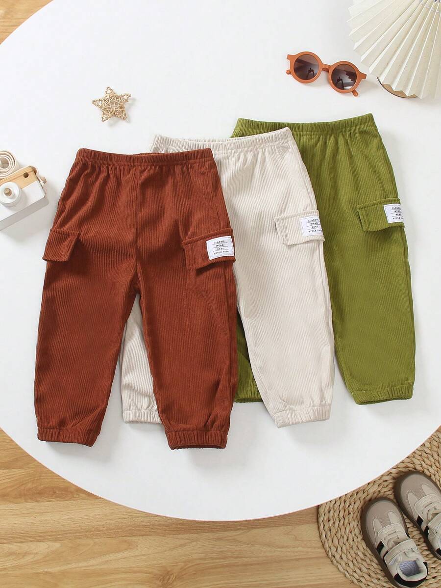 3 quần nhung kẻ trơn màu cho bé trai, kiểu quần hộp có túi và cạp chun, trang phục thường ngày khi đi chơi, ở nhà, thể thao mùa hè, xanh lá cây/nâu/be - Nhiều màu - Xem 1