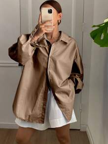 Livesso 女士纯色宽松长袖翻领后开衩蝴蝶结衬衫，秋装 - 棕色 - 查看 2
