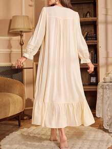 蕾丝拼布荷叶边领珍珠纽扣复古宫廷风女士睡袍 - 杏色 - 查看 2