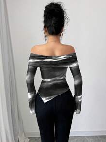 Elenzga Áo thun nữ hở vai tay dài đơn giản, thoải mái mặc hàng ngày, áo thun họa tiết cho nữ mùa xuân - màu đen - Xem 2