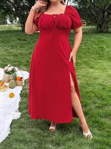 SHEIN CURVE+ Pure French High-End Ruffled Square Neck Puff Sleeve Solid Red Split Dress For Women, Romantic & Suitable For Dating, Spring/Summer - Red - View 4