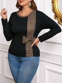 SHEIN Clasi Koszulka z dzianiny z długim rękawem i rozciągliwym wzorem w kratkę w kratkę w stylu vintage
