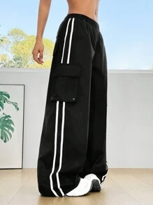 SHEIN EZwear 女式纯色拼布口袋松紧腰休闲工装裤 - 黑色 - 查看 3