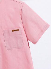 SHEIN Little Byeori 青少年男孩休闲宽松舒适短袖撞色纽扣衬衫 - 粉色 - 查看 3