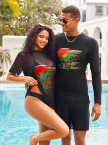 Manfinity Swimmode 2pcs/Set Men Crew Neck Long Sleeve Print Casual Shirt And Shorts Couple Boyfriend Men Swim Trunks