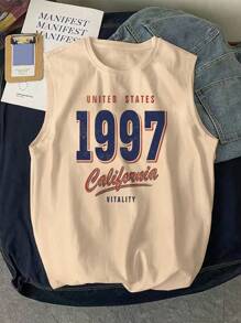 SHEIN Teen Boy Casual Comfortable Fashion Minimalist Versatile Cute Soft Top With Letter & Number Print, Suitable For Daily Wear, School, Outings, Sports, Distressed Look - Khaki - View 1