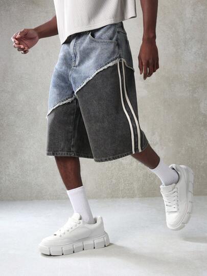 SUMWON 设计师撞色拼接牛仔短裤，毛边细节设计，侧条纹，都市街头风百慕大阔腿裤长度，宽松版型夏季休闲裤