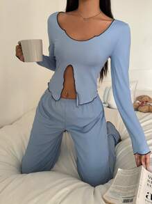 Conjunto de pijama informal de pantalón y blusa de manga larga con ribete de color contrastante para mujer