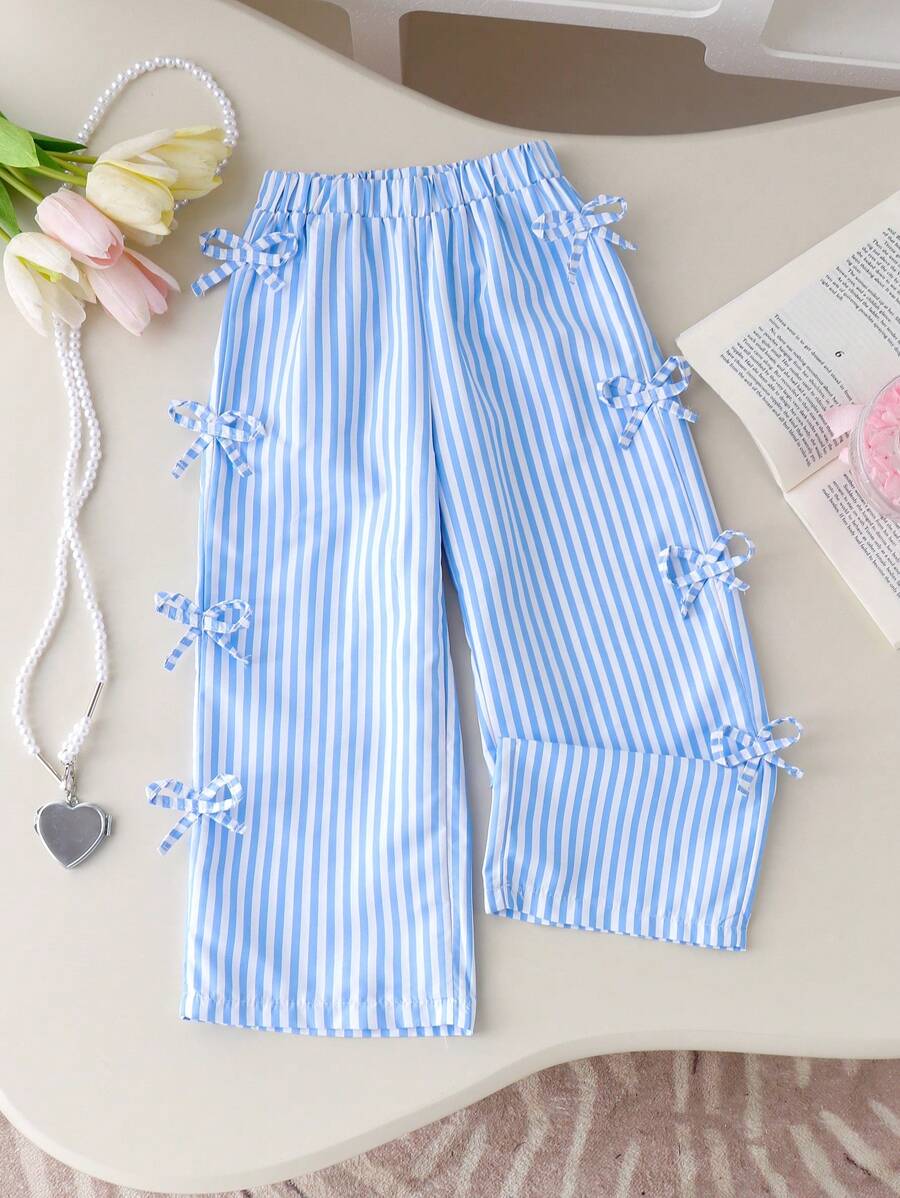 SHEIN Explorewe 1 pieza Pantalón recto casual a rayas azul y blanco de estilo deportivo con decoración de lazo para niña, pantalones de ropa de verano para niños