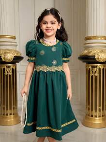 Robe de Ramadan pour jeune fille, robe élégante à la mode vert menthe avec manches bouffantes, garniture en dentelle florale dorée, gracieuse et luxueuse - Vert - Voir 1