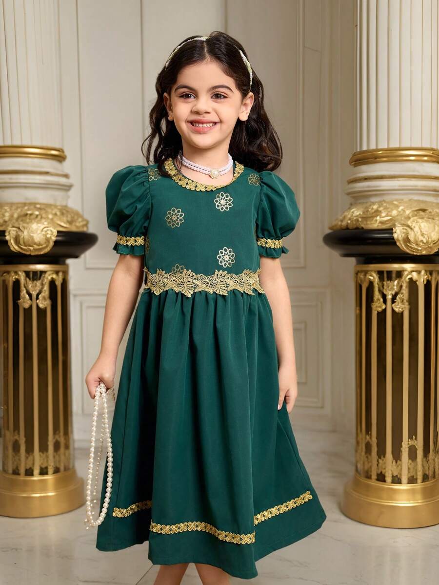 Robe de Ramadan pour jeune fille, robe élégante à la mode vert menthe avec manches bouffantes, garniture en dentelle florale dorée, gracieuse et luxueuse - Vert - Voir 1