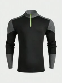 Manfinity Sport Corelite Men's Solid Color Patchwork Front Zipper Long Sleeve Casual Sports T-Shirt Compression Shirt Men - Black - View 3