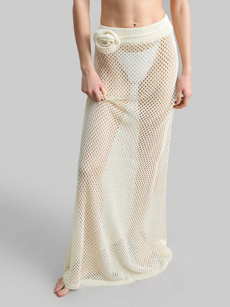 Women's Light Apricot Bohemian Style Vacation Flower Decor Hollow Out Slim Fit Beach Skirt